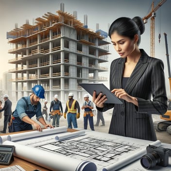 A high-resolution photograph showing a construction site manager using a tablet device onsite, with blueprints spread out on a table beside them. In the background, a partially constructed building is visible along with workers coordinating tasks, illustrating the integration of digital tools within the physical construction environment.