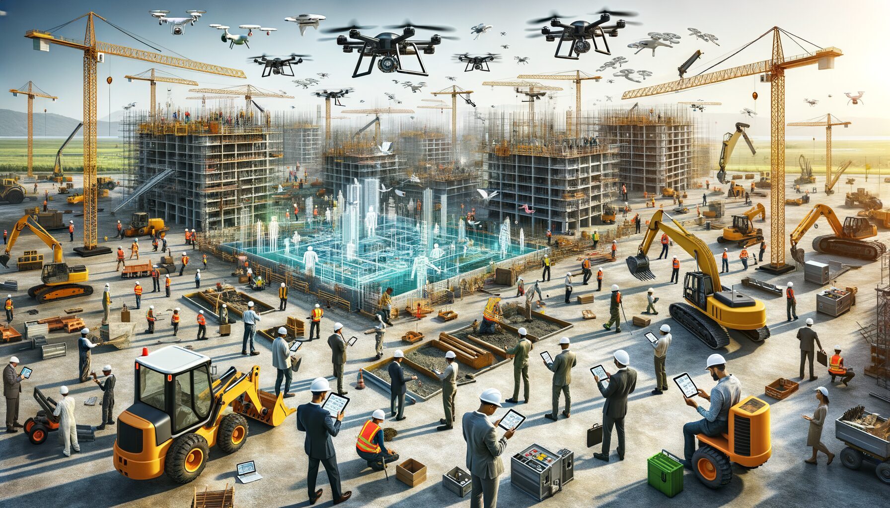 A panoramic photograph of a modern construction site featuring workers using tablets and drones alongside heavy machinery, with a digital overlay showing BIM models and progress tracking dashboards visible on screens.